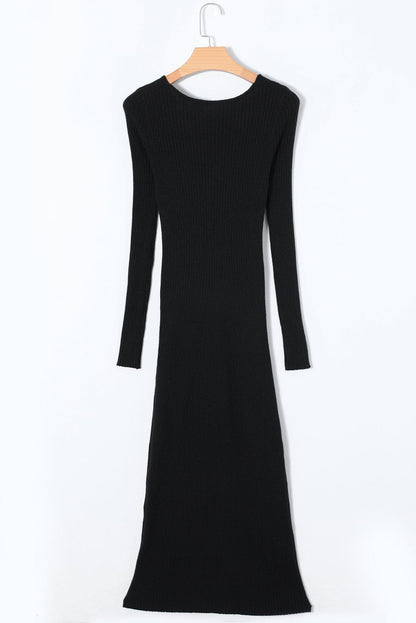 Elegant Black Ribbed Knit Sweater Dress with Twisted V-Neck