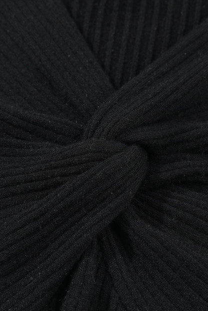 Elegant Black Ribbed Knit Sweater Dress with Twisted V-Neck