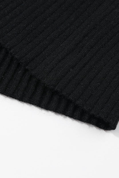 Elegant Black Ribbed Knit Sweater Dress with Twisted V-Neck