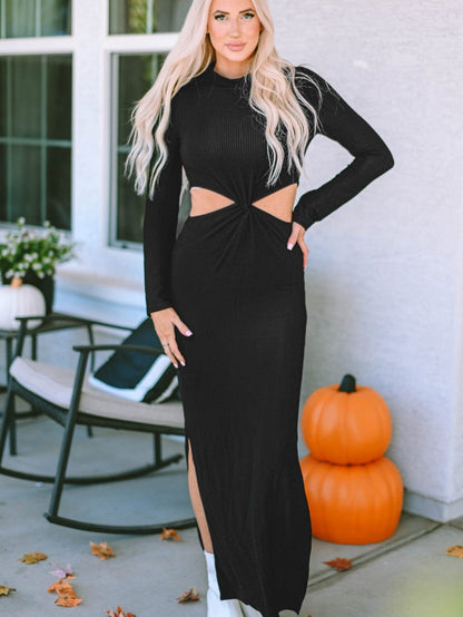 Elegant Black Ribbed Twist Detail Maxi Dress
