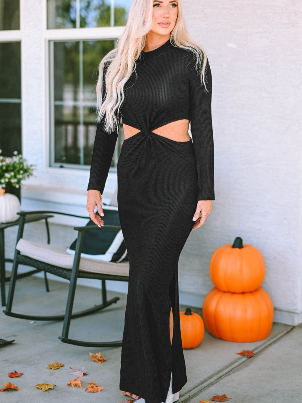 Elegant Black Ribbed Twist Detail Maxi Dress