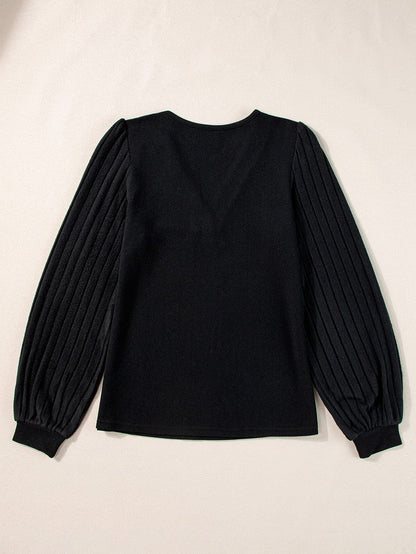 Elegant Black Ribbed V Neck Blouse with Puff Sleeves and Button Detail