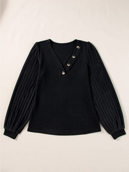 Elegant Black Ribbed V Neck Blouse with Puff Sleeves and Button Detail