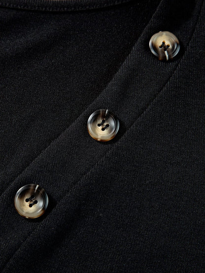 Elegant Black Ribbed V Neck Blouse with Puff Sleeves and Button Detail