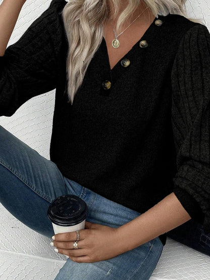 Elegant Black Ribbed V Neck Blouse with Puff Sleeves and Button Detail