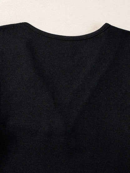 Elegant Black Ribbed V Neck Blouse with Puff Sleeves and Button Detail