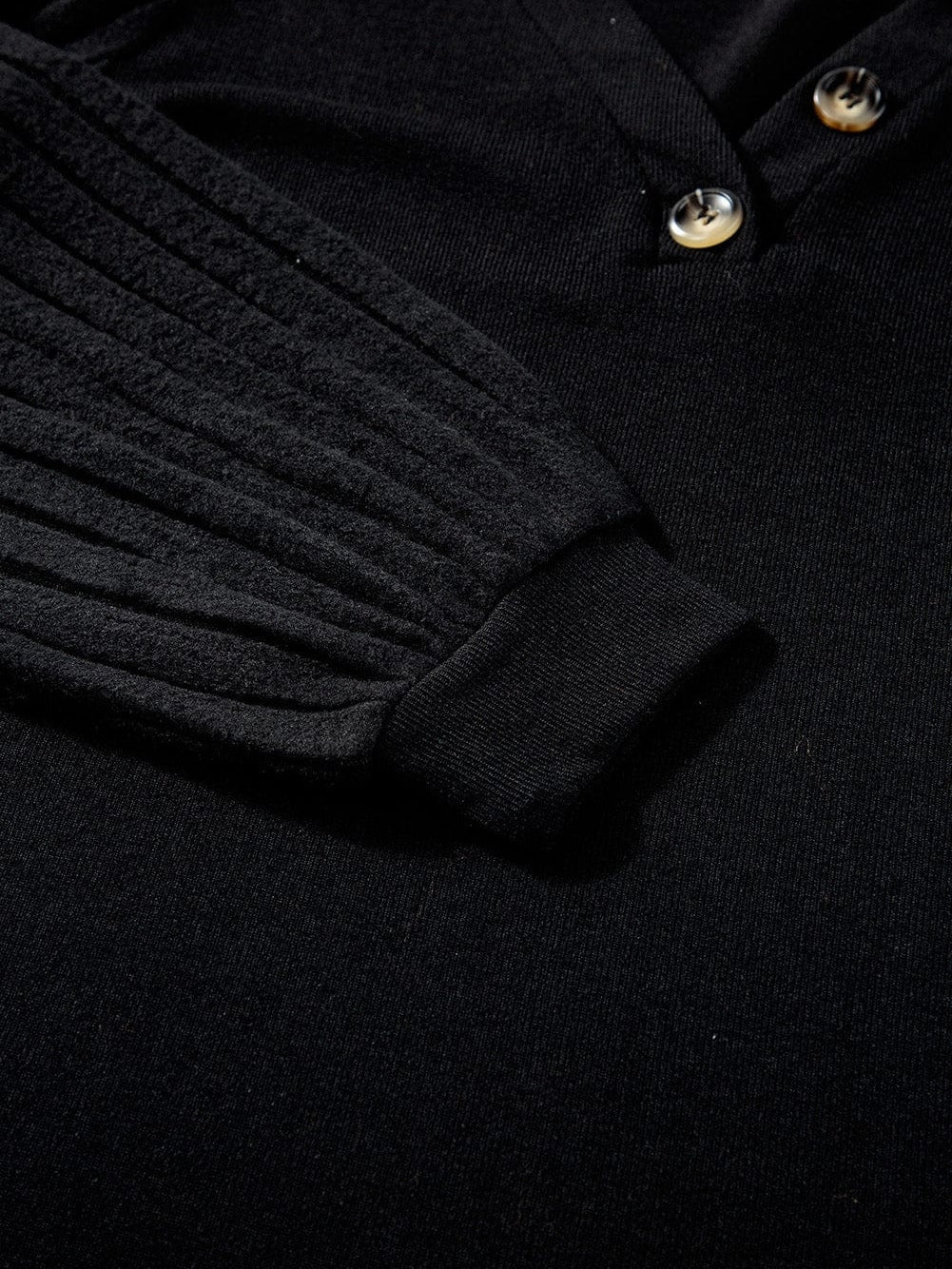 Elegant Black Ribbed V Neck Blouse with Puff Sleeves and Button Detail