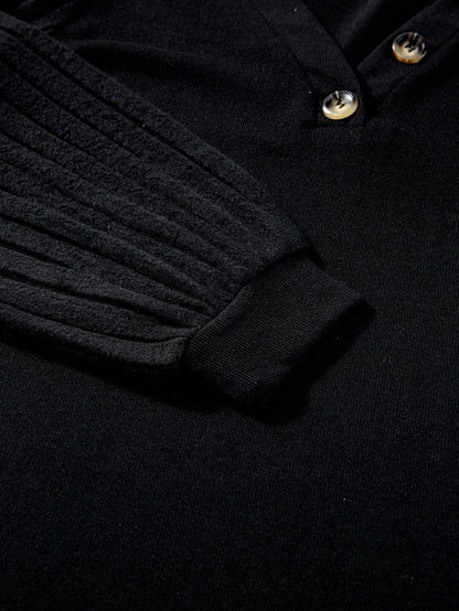 Elegant Black Ribbed V Neck Blouse with Puff Sleeves and Button Detail