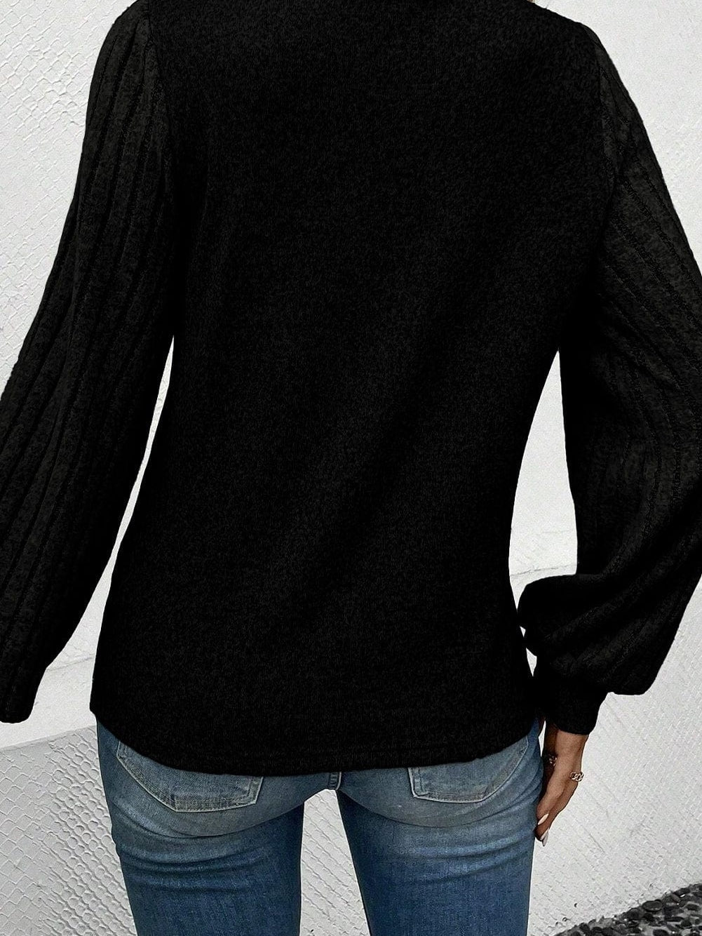 Elegant Black Ribbed V Neck Blouse with Puff Sleeves and Button Detail