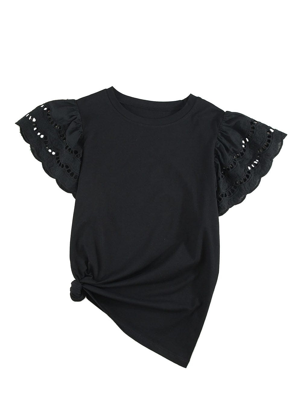 Elegant Black Ruffle Sleeve Tee with Hollow Out Design