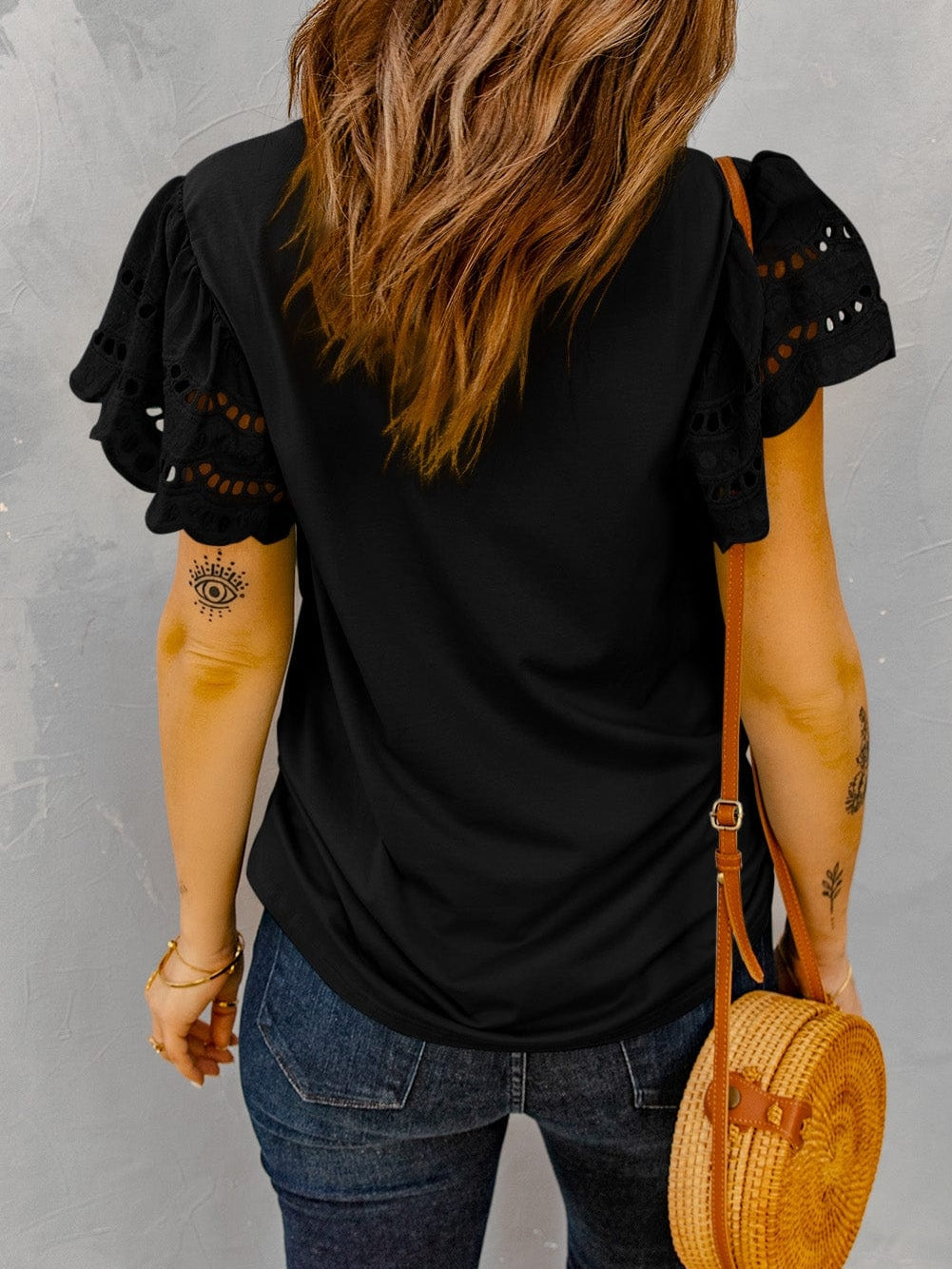 Elegant Black Ruffle Sleeve Tee with Hollow Out Design