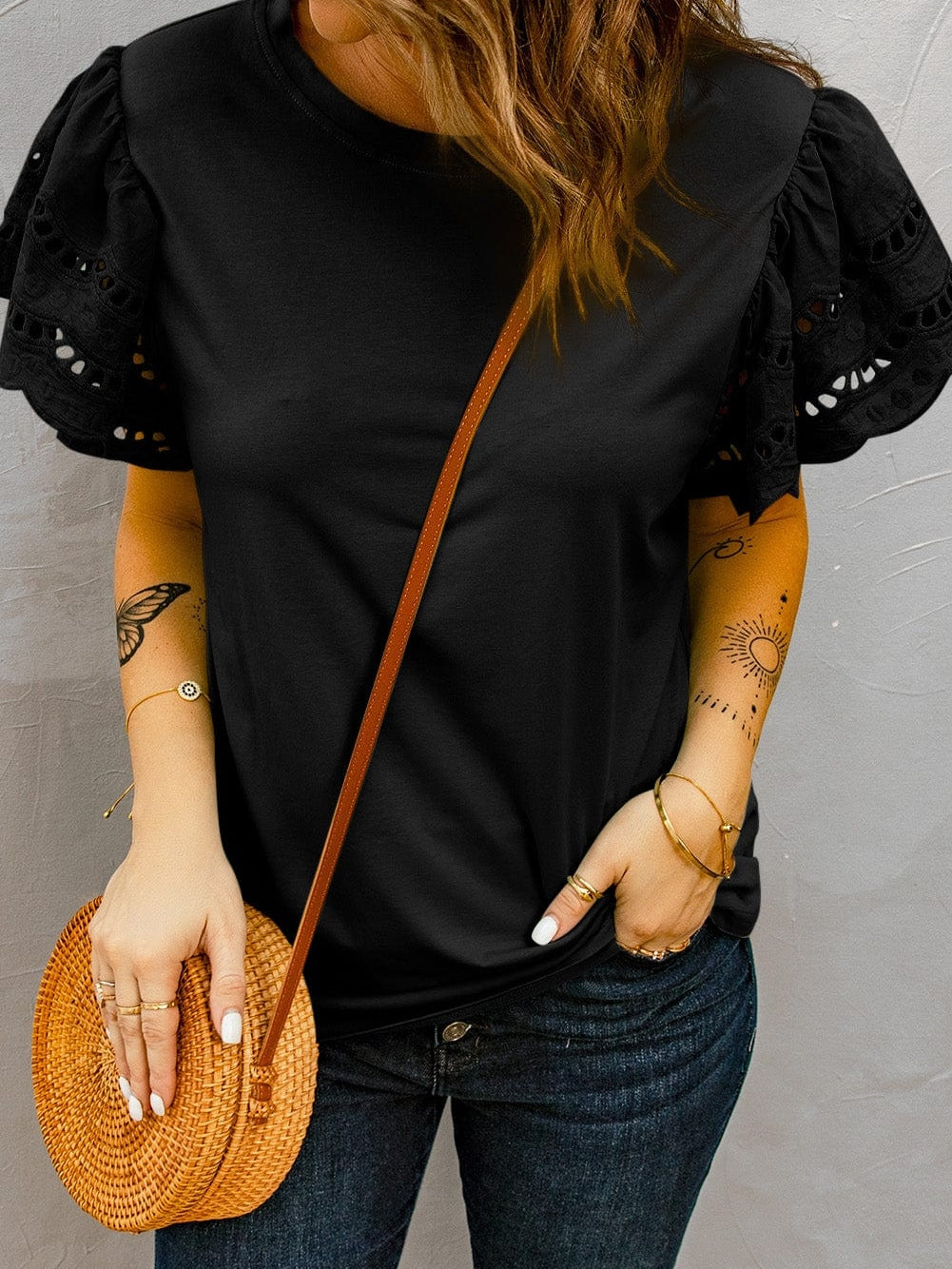 Elegant Black Ruffle Sleeve Tee with Hollow Out Design