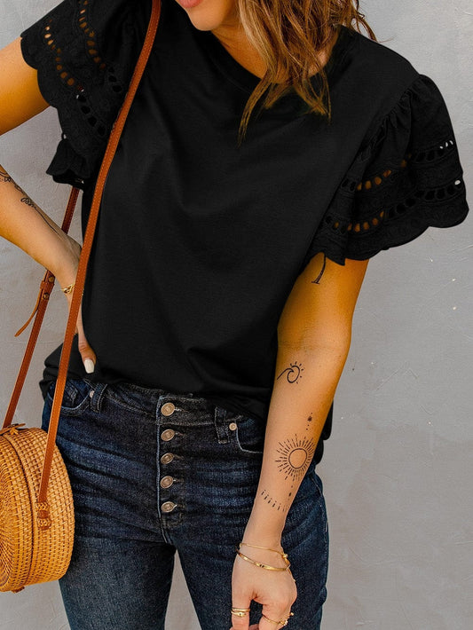Elegant Black Ruffle Sleeve Tee with Hollow Out Design