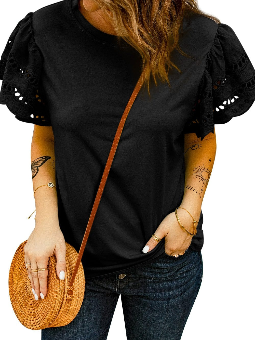 Elegant Black Ruffle Sleeve Tee with Hollow Out Design