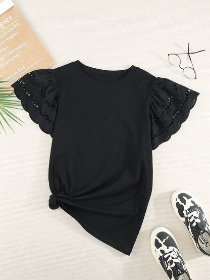 Elegant Black Ruffle Sleeve Tee with Hollow Out Design
