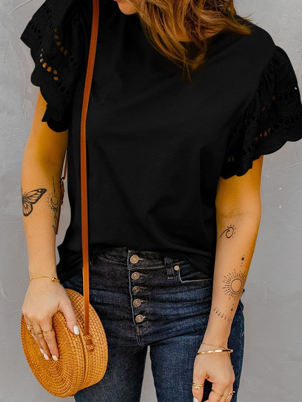 Elegant Black Ruffle Sleeve Tee with Hollow Out Design