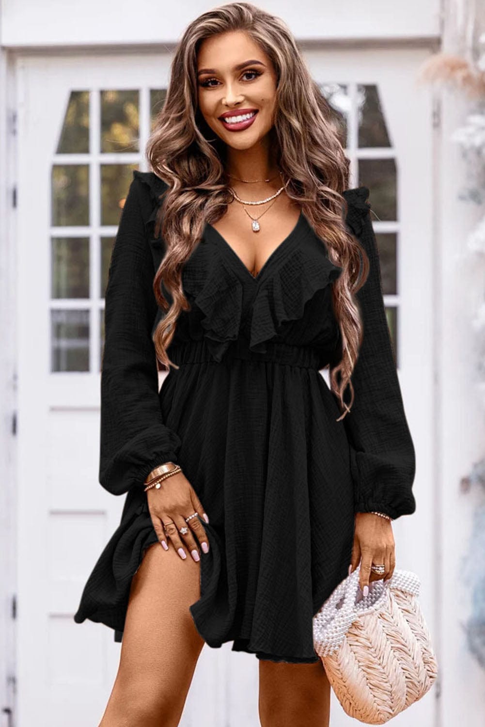 Elegant Black Ruffle V-Neck High Waist Mini Dress