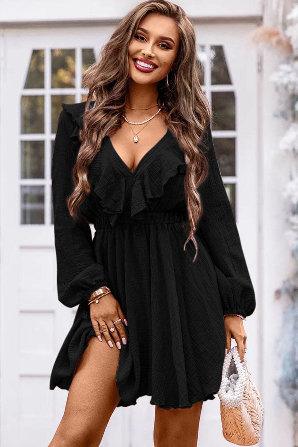Elegant Black Ruffle V-Neck High Waist Mini Dress