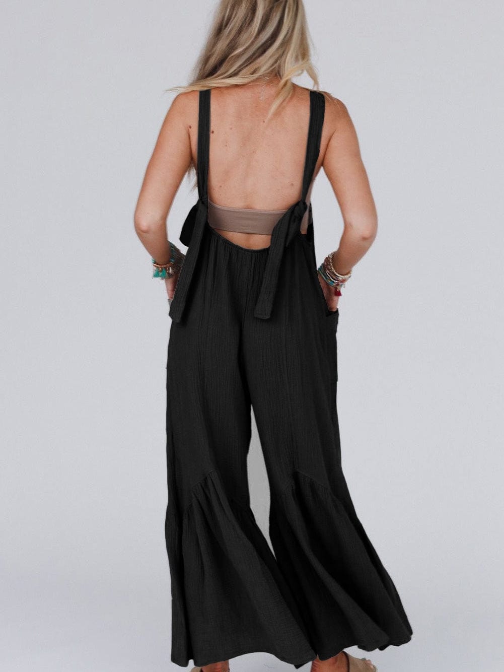 Elegant Black Ruffled Wide Leg Jumpsuit