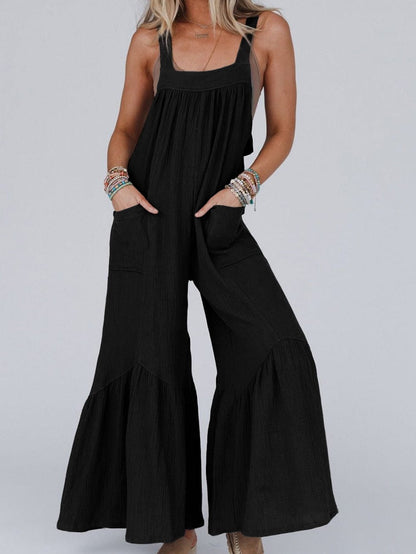 Elegant Black Ruffled Wide Leg Jumpsuit