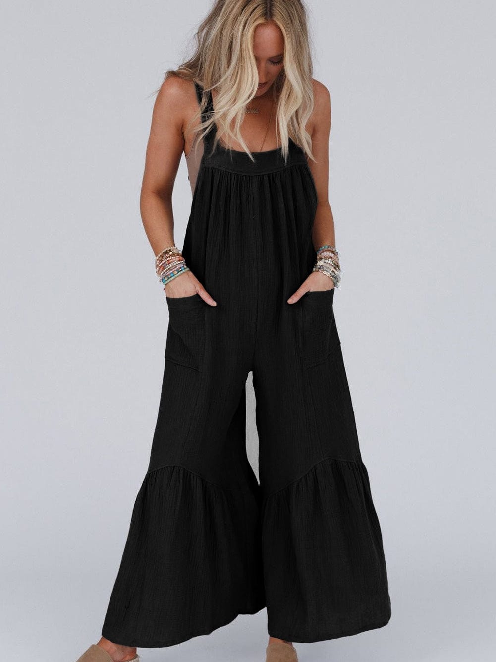 Elegant Black Ruffled Wide Leg Jumpsuit