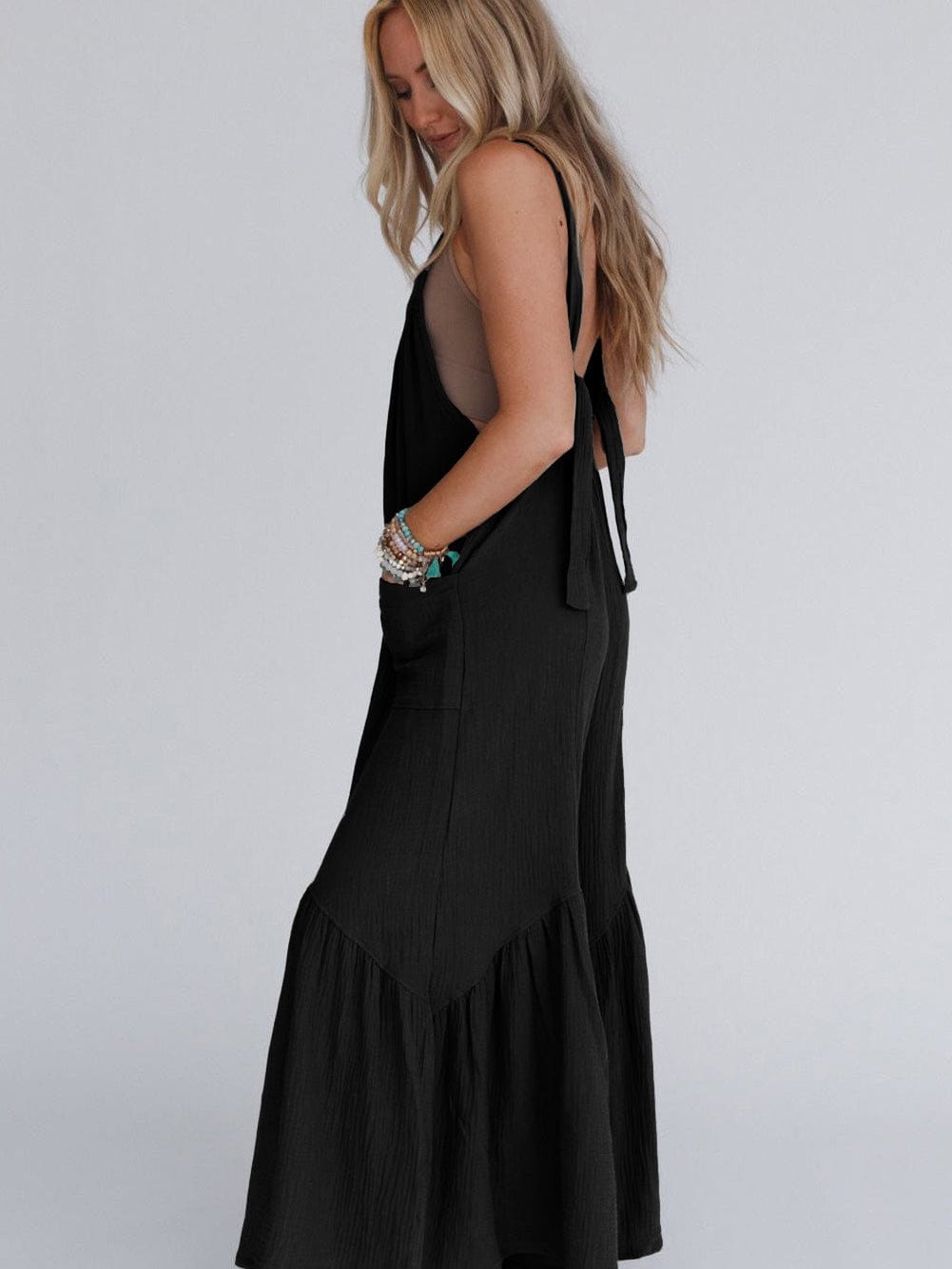 Elegant Black Ruffled Wide Leg Jumpsuit