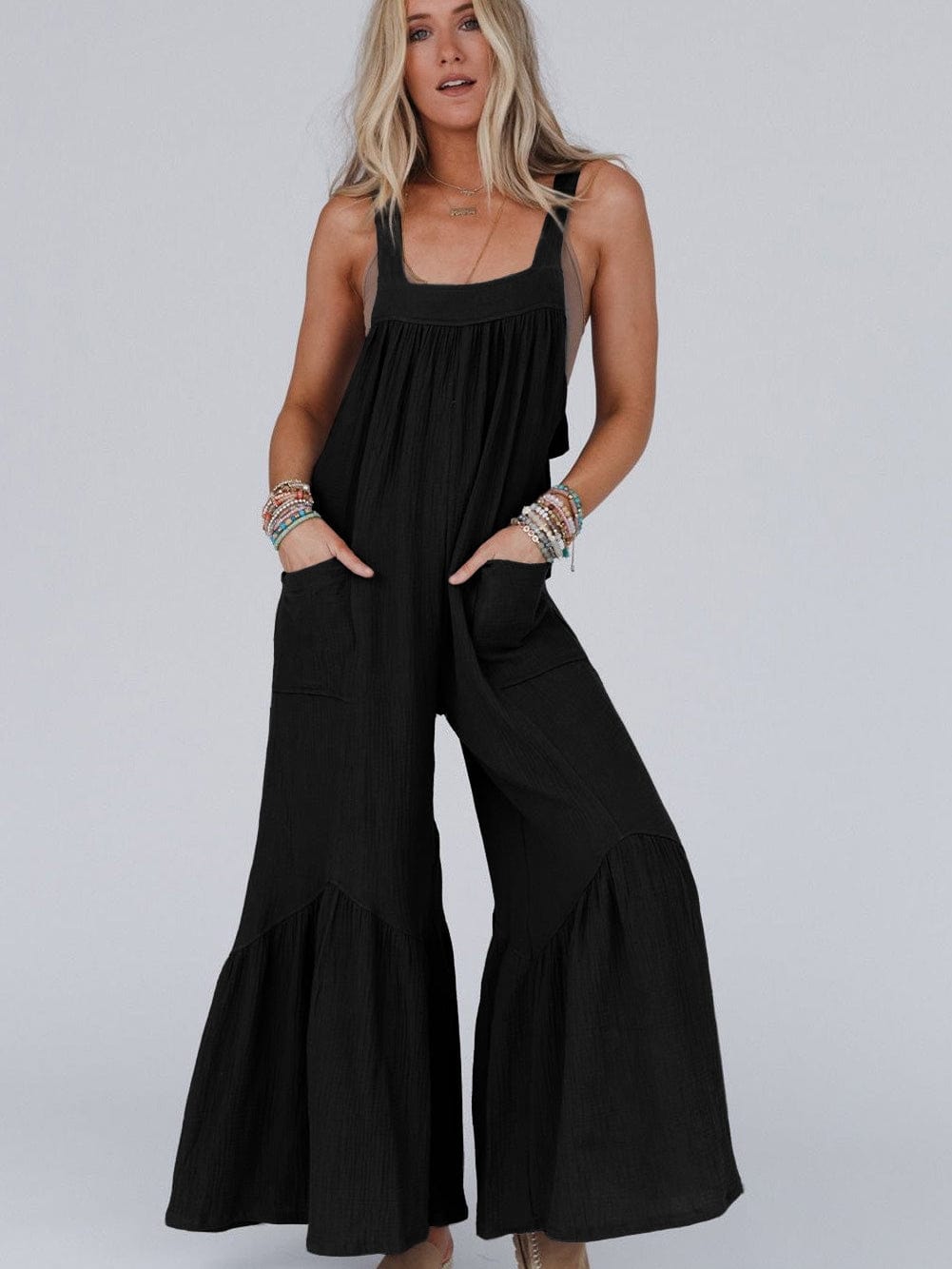Elegant Black Ruffled Wide Leg Jumpsuit