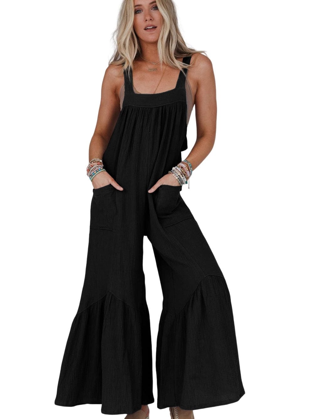 Elegant Black Ruffled Wide Leg Jumpsuit
