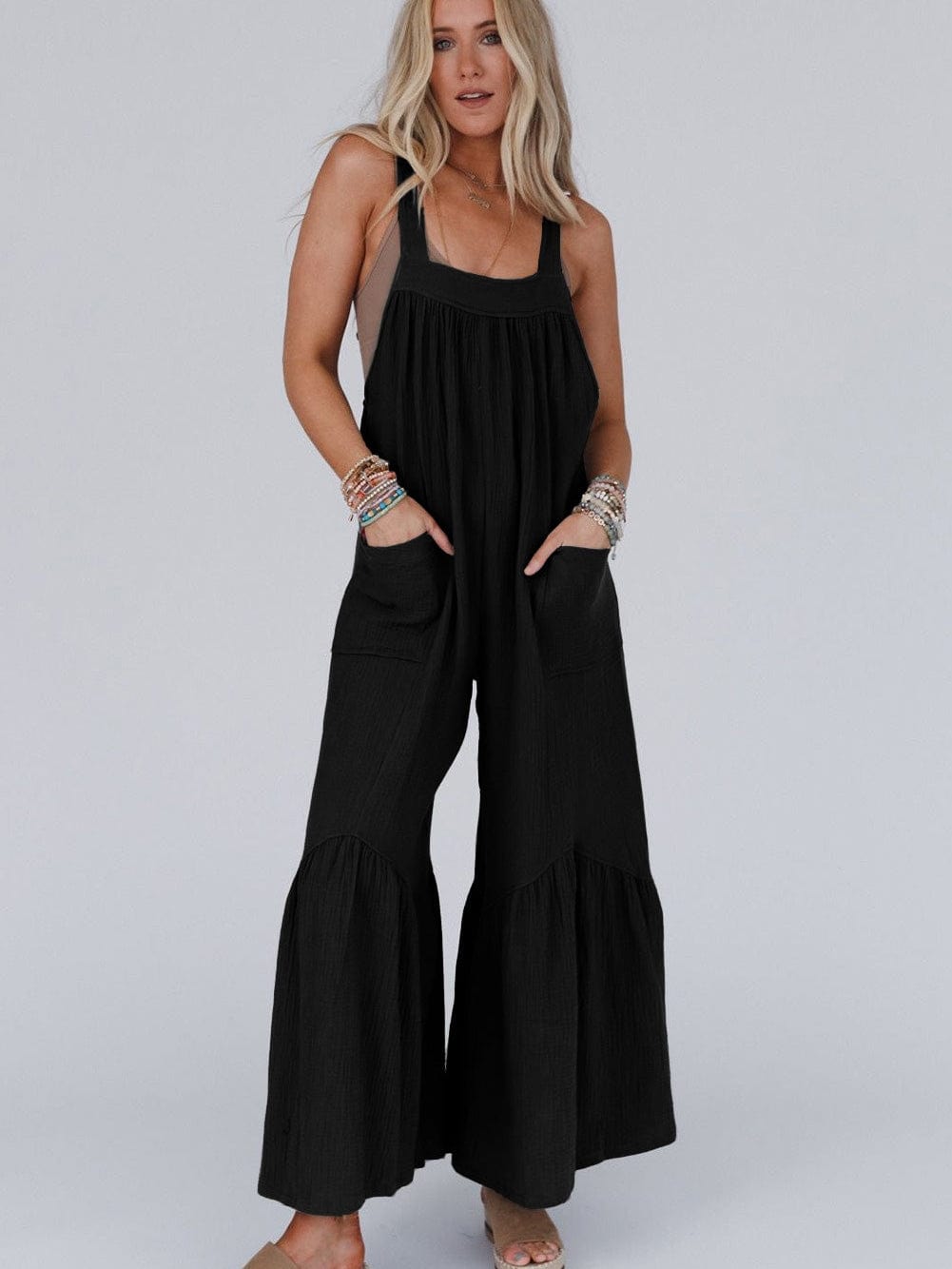 Elegant Black Ruffled Wide Leg Jumpsuit