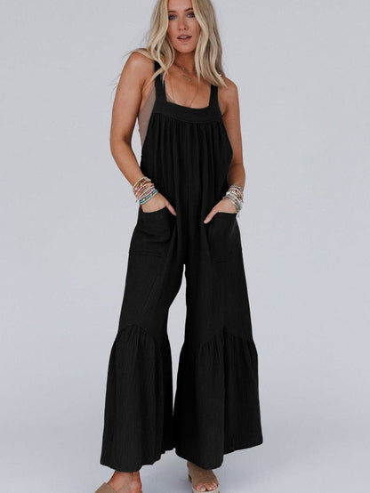 Elegant Black Ruffled Wide Leg Jumpsuit