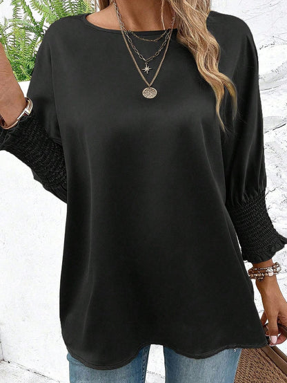 Elegant Black Satin Dolman Sleeve Blouse