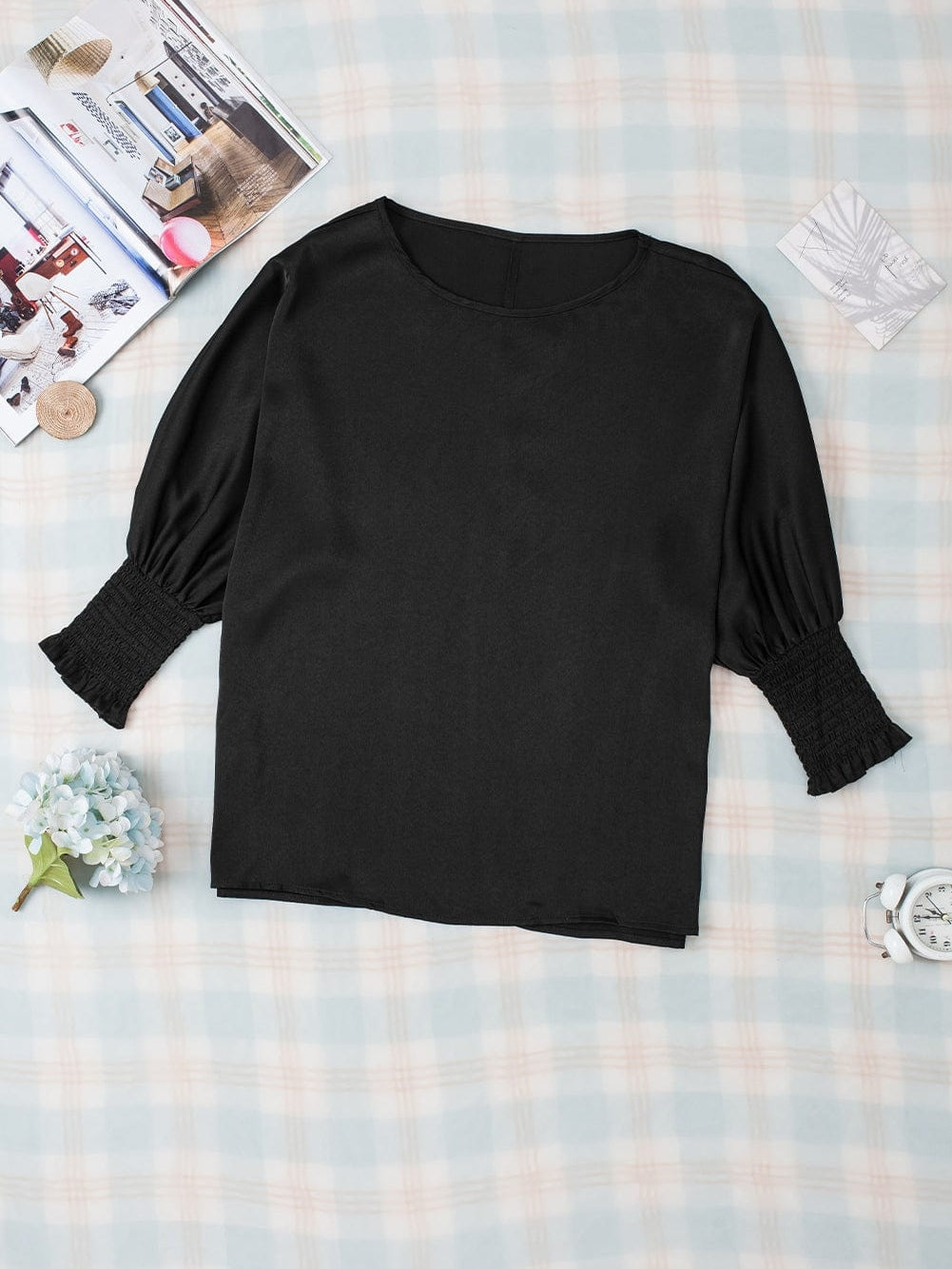 Elegant Black Satin Dolman Sleeve Blouse