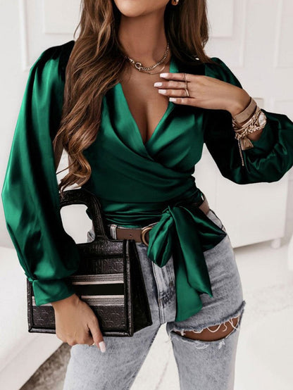 Elegant Black Satin V Neck Knot Blouse in Green
