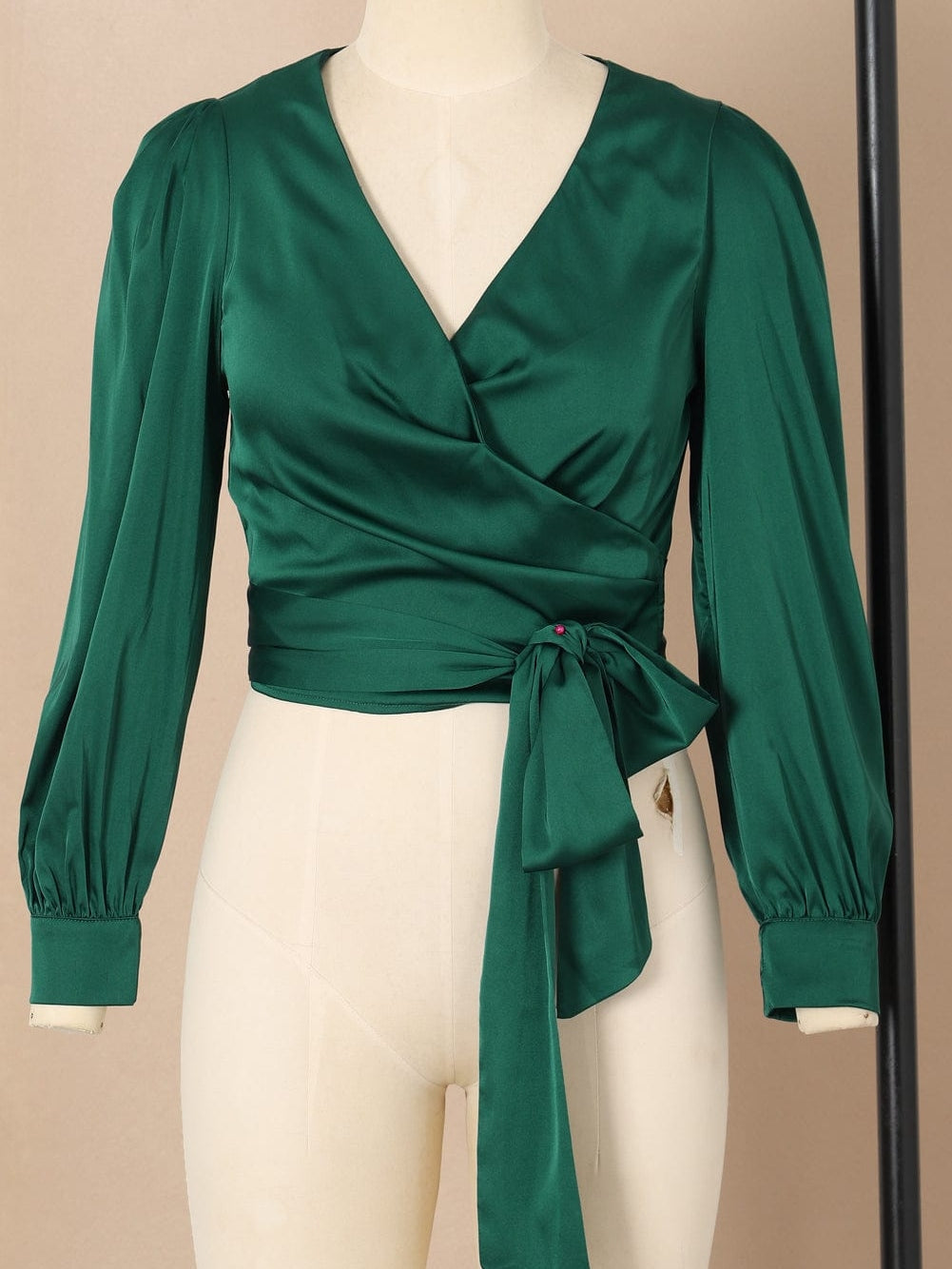 Elegant Black Satin V Neck Knot Blouse in Green