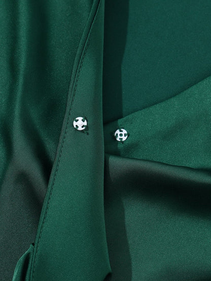 Elegant Black Satin V Neck Knot Blouse in Green