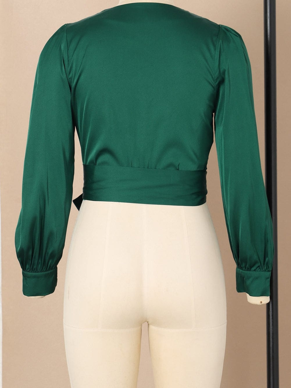 Elegant Black Satin V Neck Knot Blouse in Green