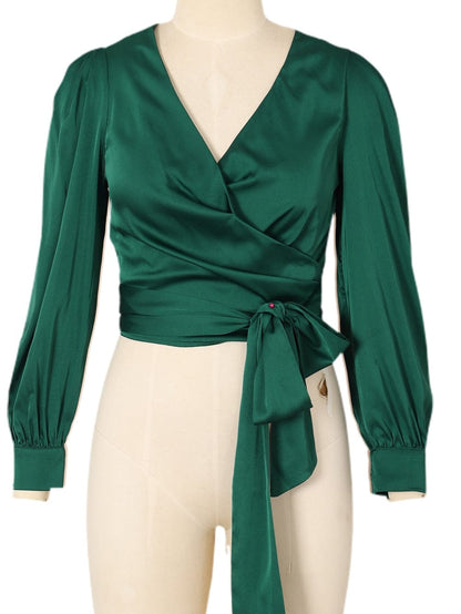 Elegant Black Satin V Neck Knot Blouse in Green