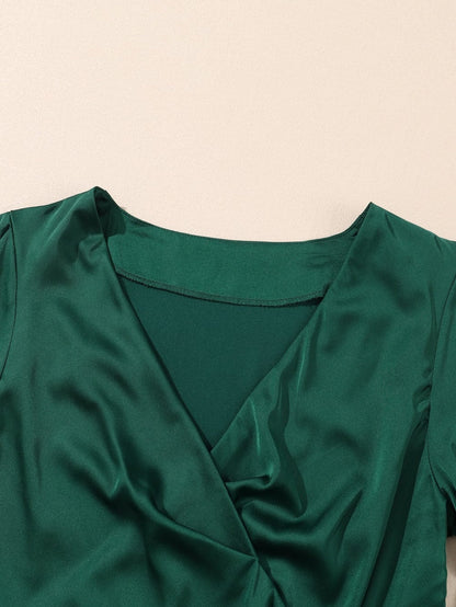 Elegant Black Satin V Neck Knot Blouse in Green