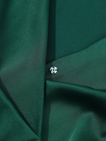 Elegant Black Satin V Neck Knot Blouse in Green