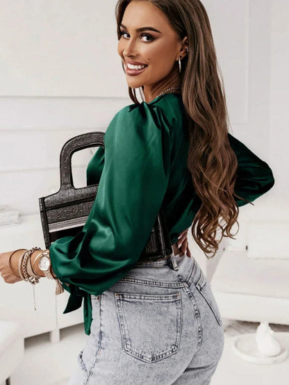 Elegant Black Satin V Neck Knot Blouse in Green