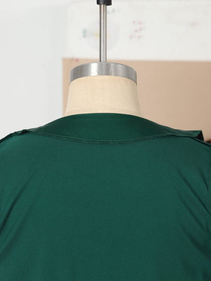 Elegant Black Satin V Neck Knot Blouse in Green