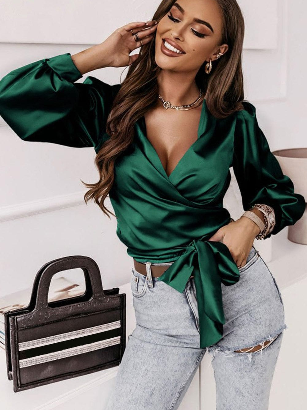 Elegant Black Satin V Neck Knot Blouse in Green