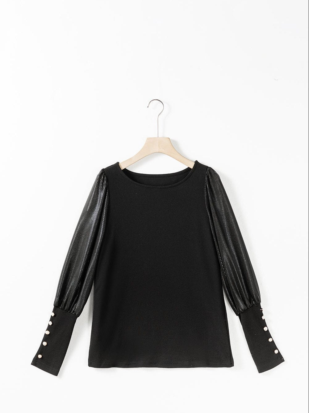 Elegant Black Sequin Detail Top with Shiny Puff Sleeves