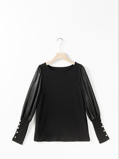 Elegant Black Sequin Detail Top with Shiny Puff Sleeves