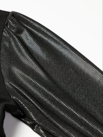 Elegant Black Sequin Detail Top with Shiny Puff Sleeves