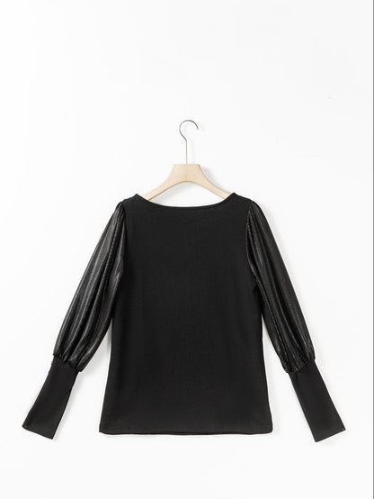 Elegant Black Sequin Detail Top with Shiny Puff Sleeves