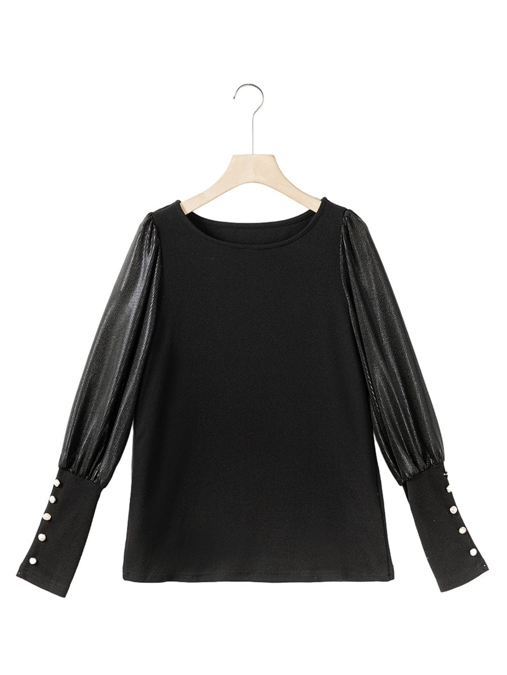 Elegant Black Sequin Detail Top with Shiny Puff Sleeves