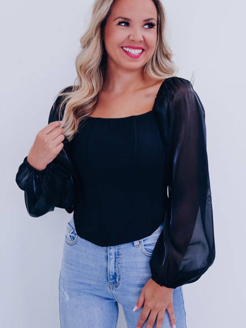 Elegant Black Sheer Lantern Sleeve Square Neck Blouse