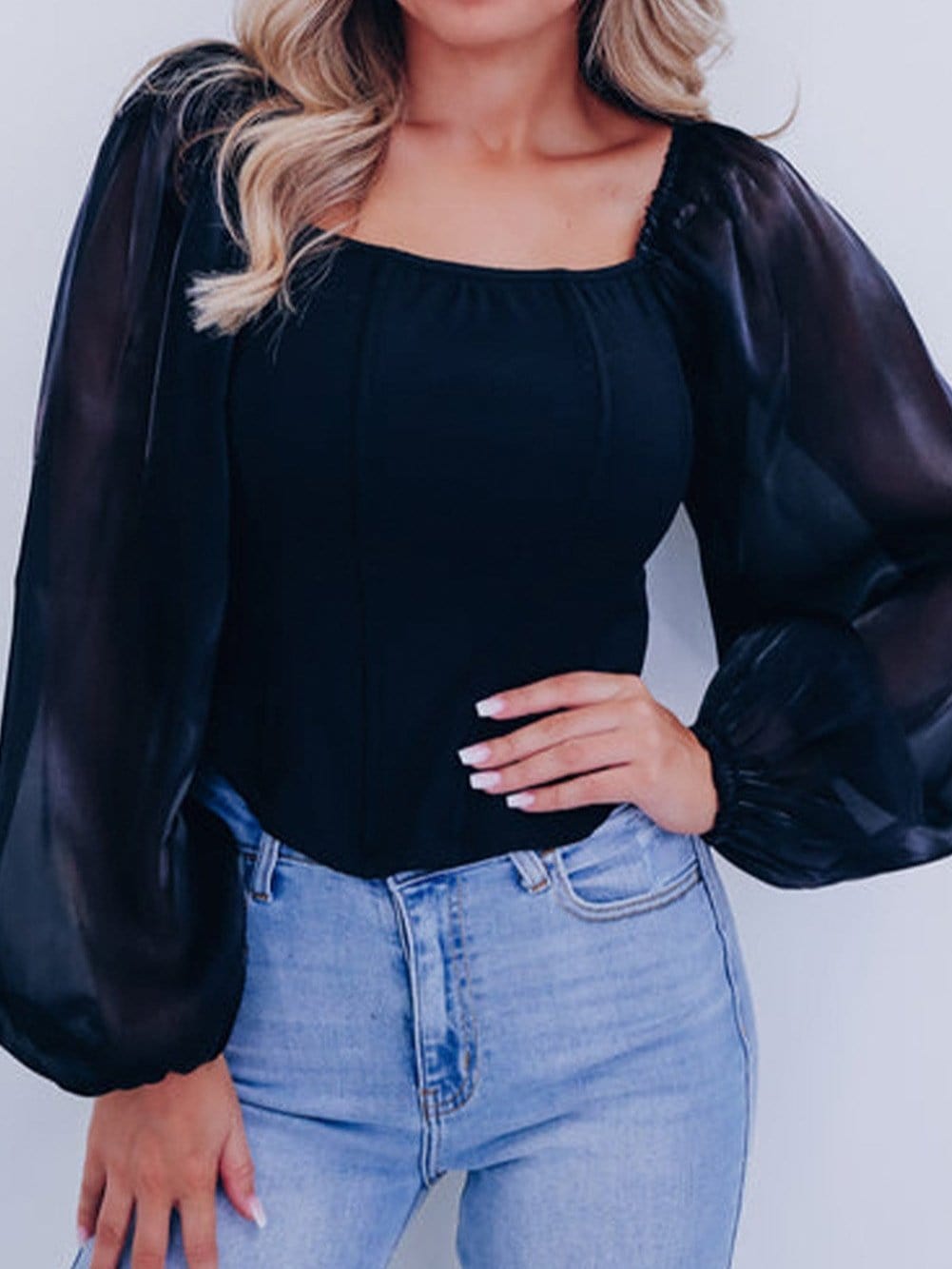 Elegant Black Sheer Lantern Sleeve Square Neck Blouse