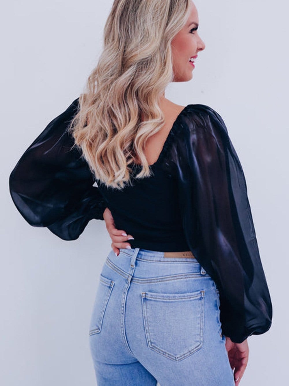 Elegant Black Sheer Lantern Sleeve Square Neck Blouse